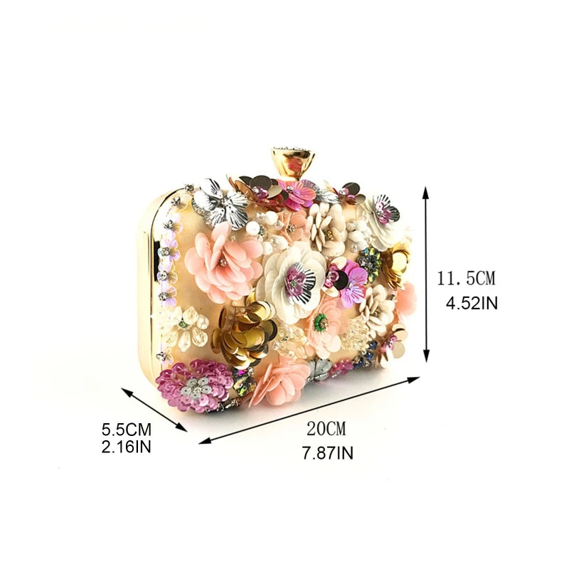 Beaded Floral Evening Clutch Women Fashion Banquet Handbag Elegant Party Prom Shoulder Bag Female Metal Chain Crossbody Purse