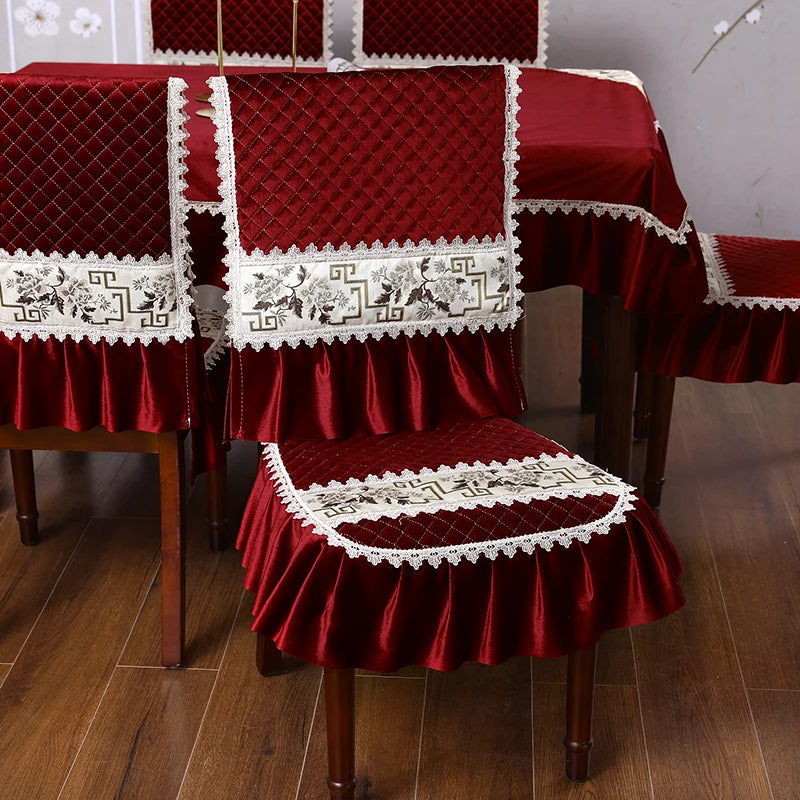 Luxury European Light Chair Cushion Cover Tablecloth Dining Chair Cushion Table Cover Home Spandex Chair Cover Jacquard Red 1pcs