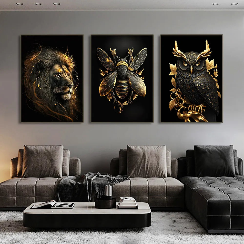 Black Gold Eagle Lion Canvas Painting Metal Poster Wall Art Nordic Deer Tiger Wolf Swan Aesthetic Picture for Living Room Decor