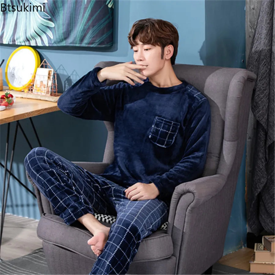 New 2023 Autumn Winter Long Sleeve Thick Warm Flannel Pajama Sets for Men Coral Velvet Soft Sleepwear Suit Pyjamas Homewear Male