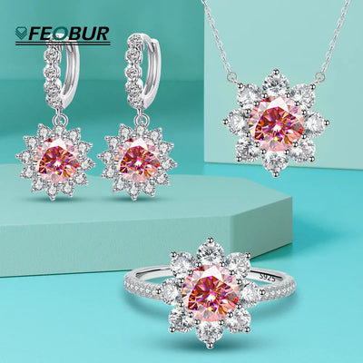 925 Sterling Silver Jewelry Set 1 Carat Red Sunflower Moissanite Diamond Necklace Ring Earrings Bridal Jewelry Sets for Women