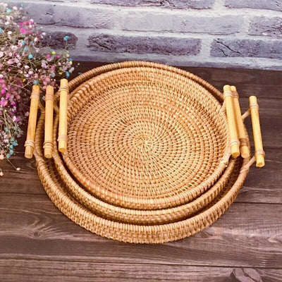 Rattan Bread Storage Woven Snacks Fruit Round Tray