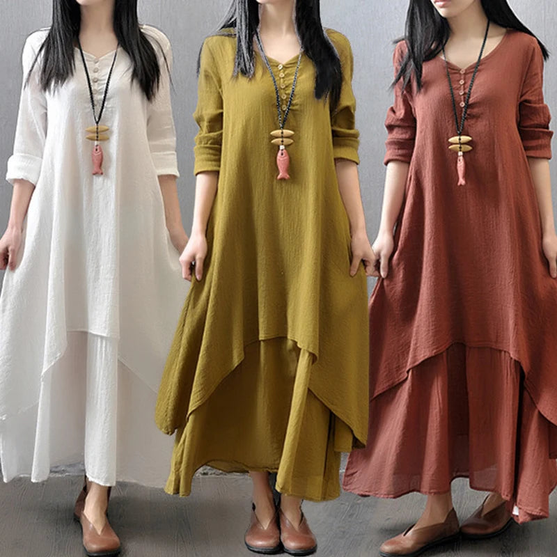 Women Elegant Linen White Dresses Bohemia Layering Vintage Robe Long Sleeve Loose Long Dress Oversized Female Autumn Vestidos