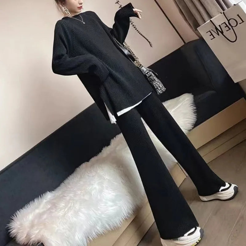 2023 Autumn and Winter New Women's Fashion and Westernization Age Reducing Knitted Sweater Wide Leg Two Piece Set