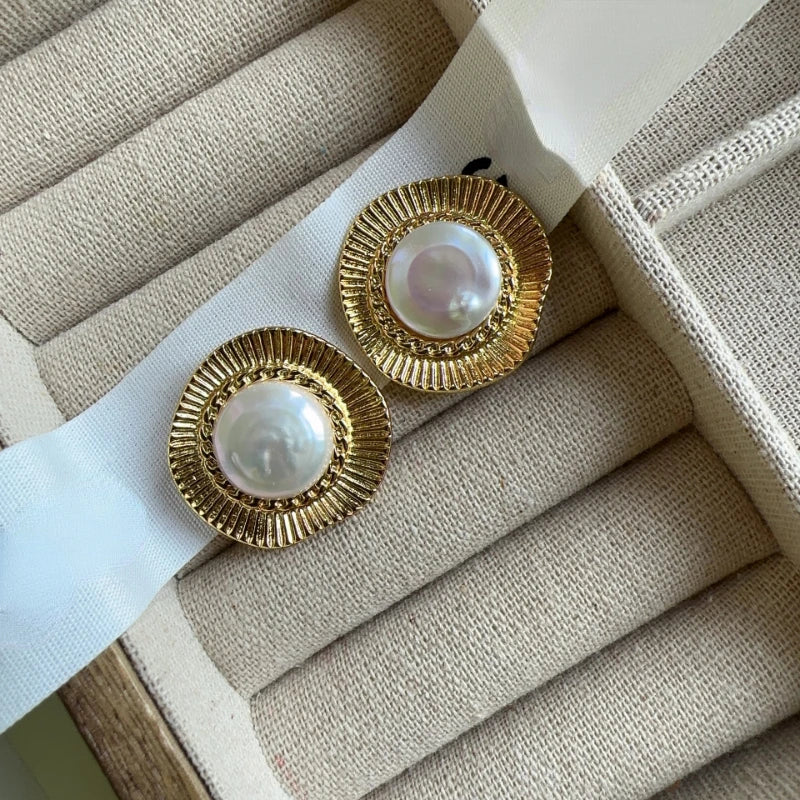 Retro Jewelry 925 Silver Needle Texture Metal Simulated Pearl Stud Earrings For Female Girl Gift Fine Accessories Vintage Style