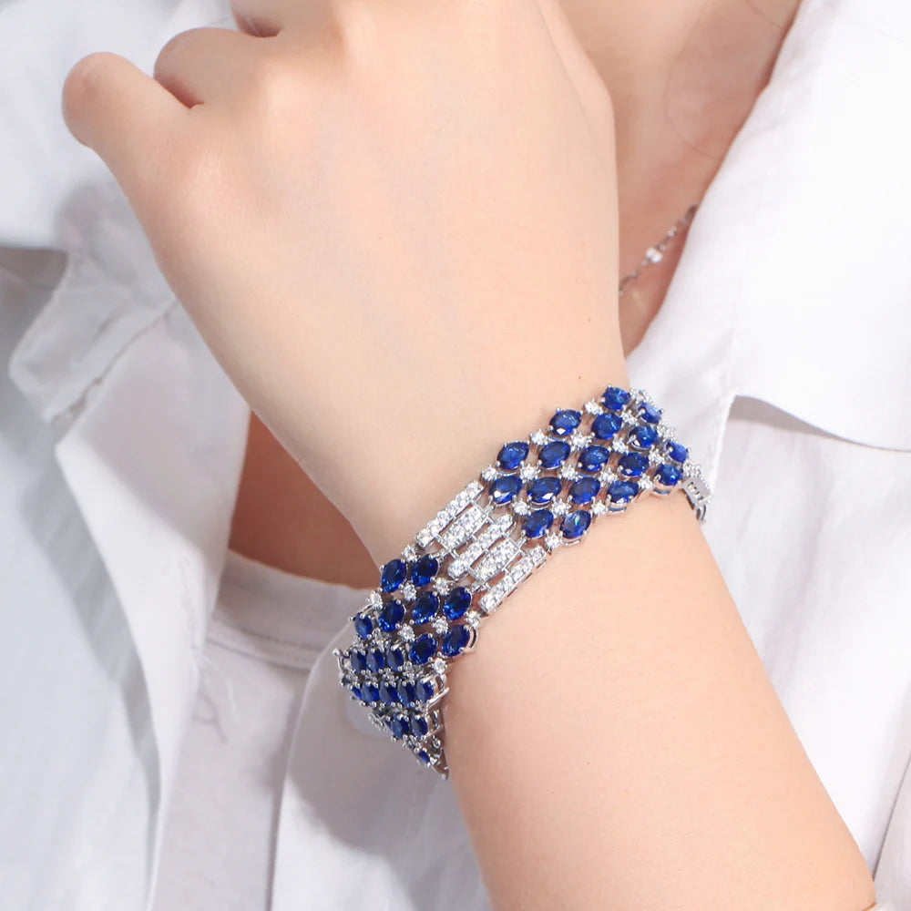 CWWZircons Glamorous Chunky Oval Round Royal Blue Cubic Zirconia Crystal Big Luxury Bracelets for Women Wedding Event CB327