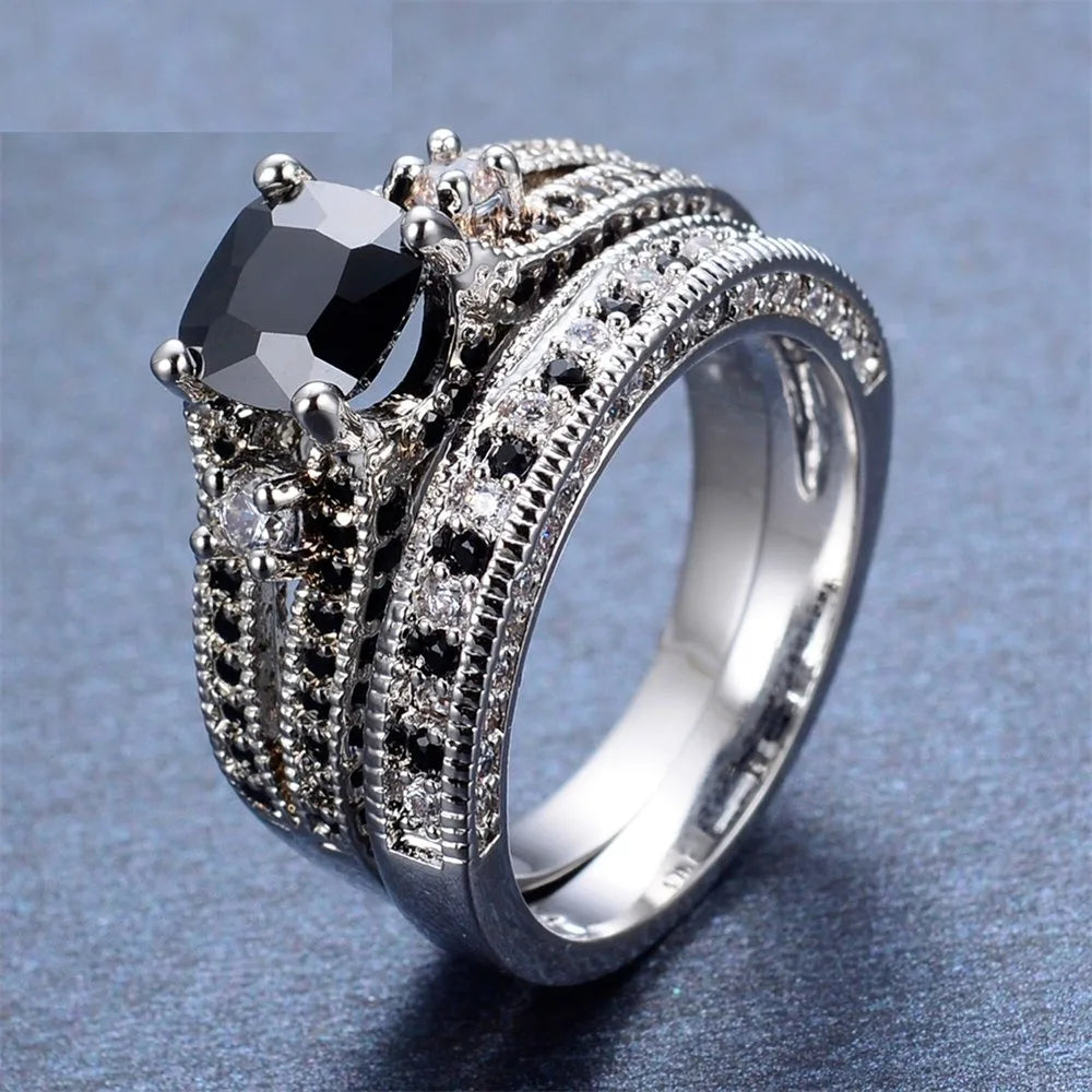 2pcs/set Fashion Female Black zircon Stone Ring Black Gold Color Women Rings Gorgeous Wedding Bands For Women Engagement Jewelry