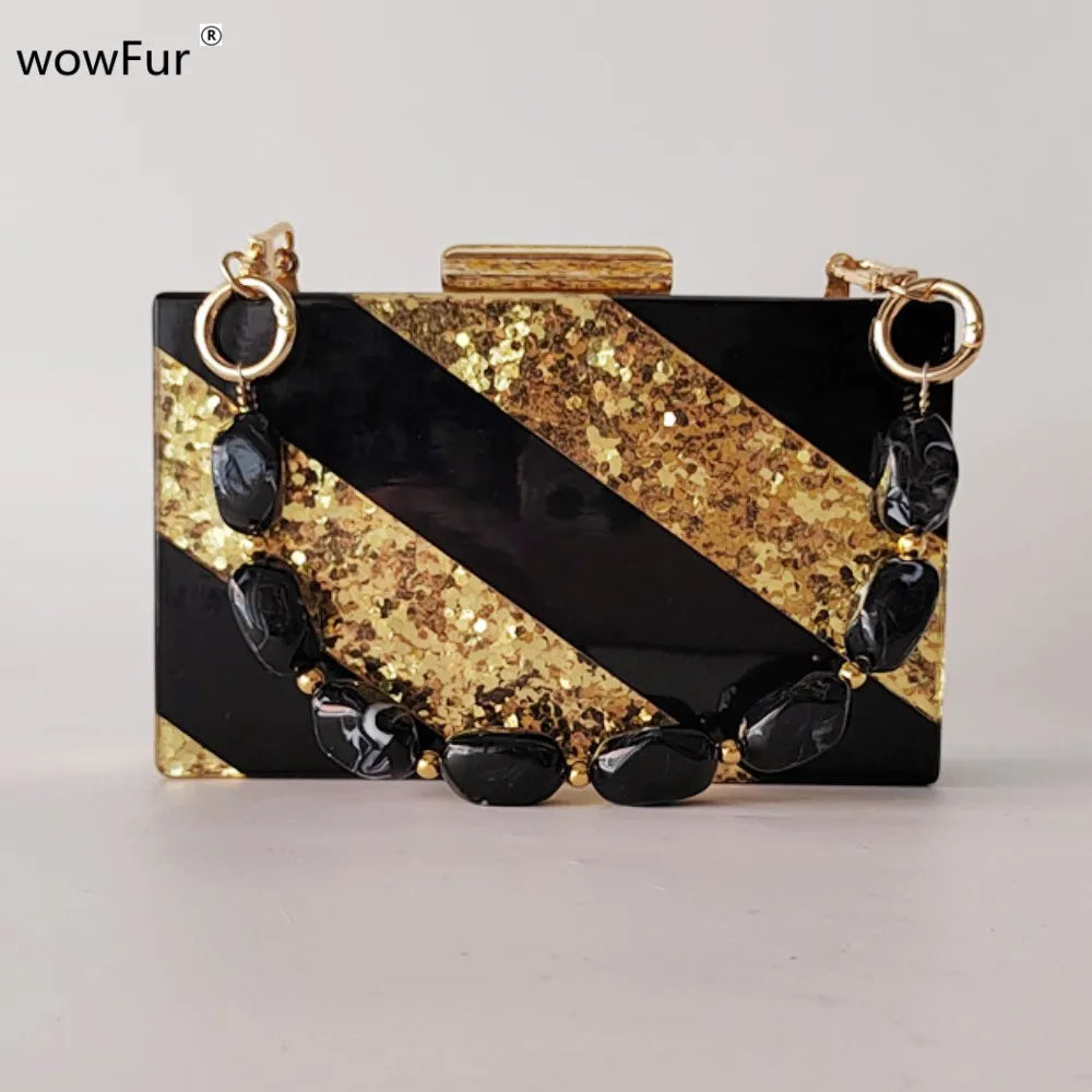 Solid Black Gold Glitter Striped Acrylic Women Beach Small Purse And Handbag Holiday Wedding Wallet Flap Mini Beaded Lady Bags