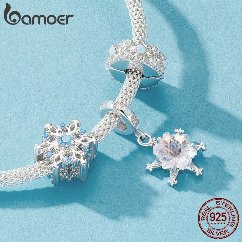 Bamoer 925 Sterling Silver Snow Butterfly Heart Love Charm Pendant Ice Flower Beads Women Fit Bracelet DIY Necklace Jewelry Gift