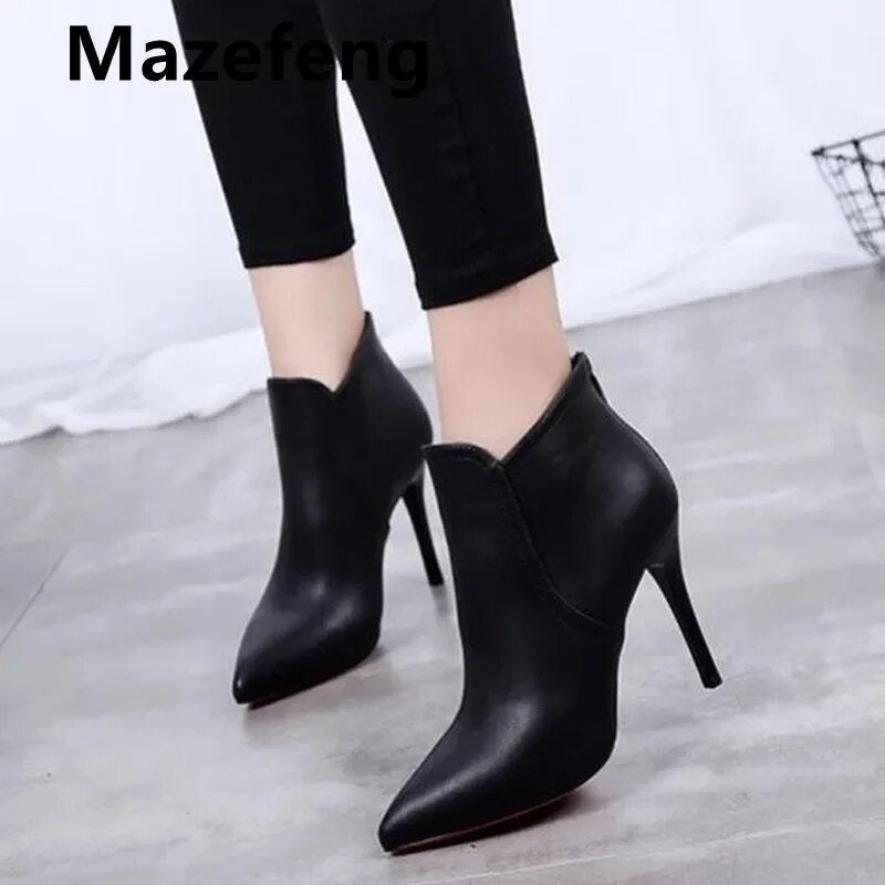 Women Pointed Toe Super High Heels Ankle Boots Autumn Winter Warm Short Plush Booties Woman Shiny Sequin Botas Mujer 2021