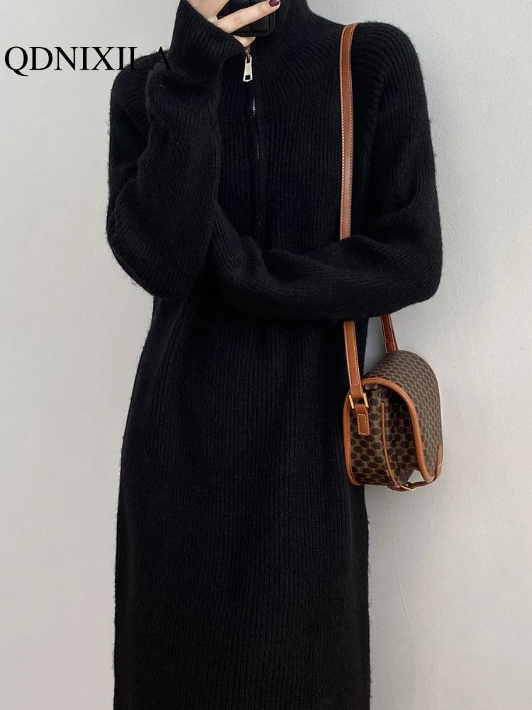 Womens Dresses Lazy Style Zipper Long Sleeve Mid Length Solid Color Knitted Dress 2023 Autumn Winter New in Clothes for Women