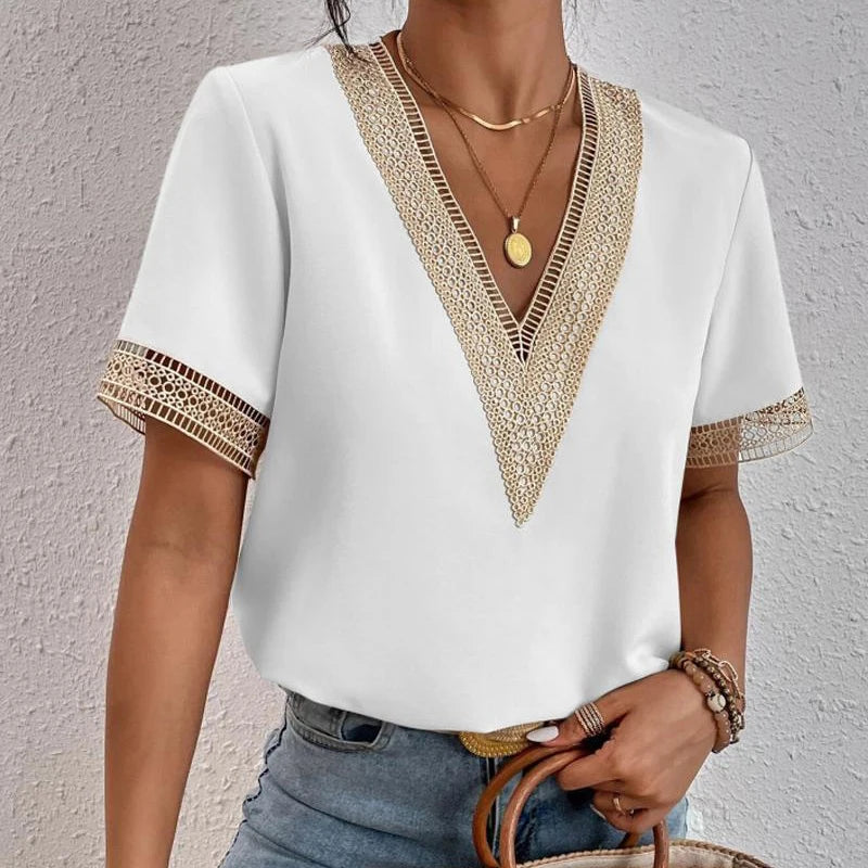 Blouse Vintage Women Lace Top V-Neck Chiffon Casual Tee Loose Female Clothing Elegant Chic Office Ladies T-shirt Fashion Summer