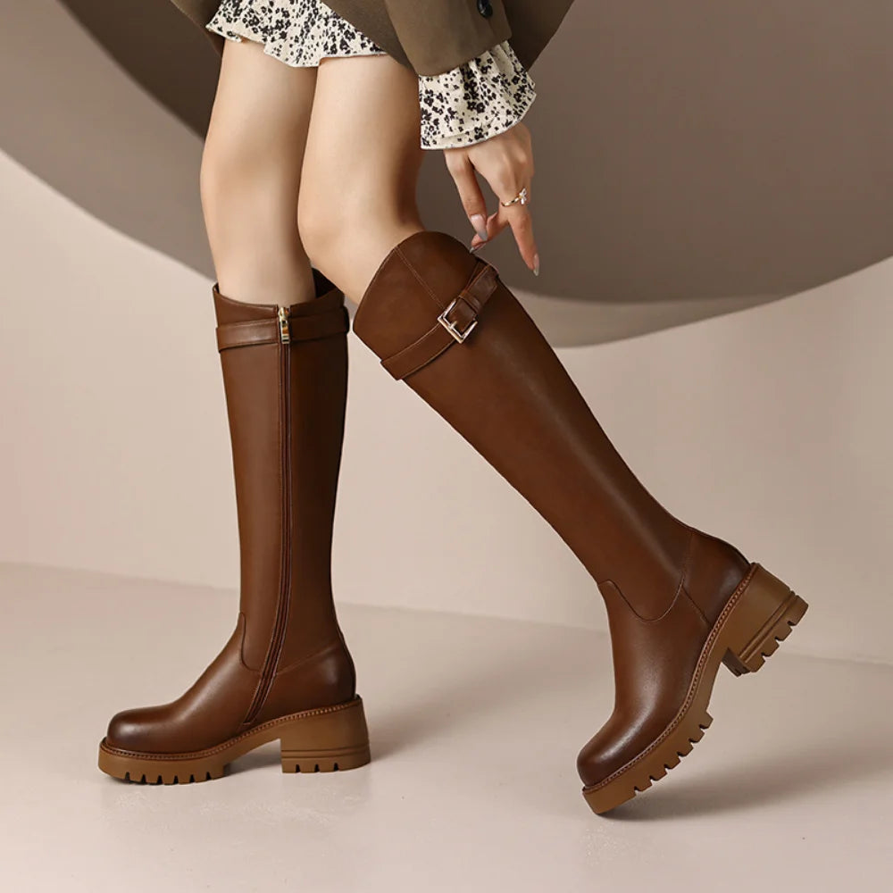 Autumn Winter New Leather Soft Sole Casual Warm Waterproof Single Boot Fashion Side Zipper Long Sleeve Knight Boot