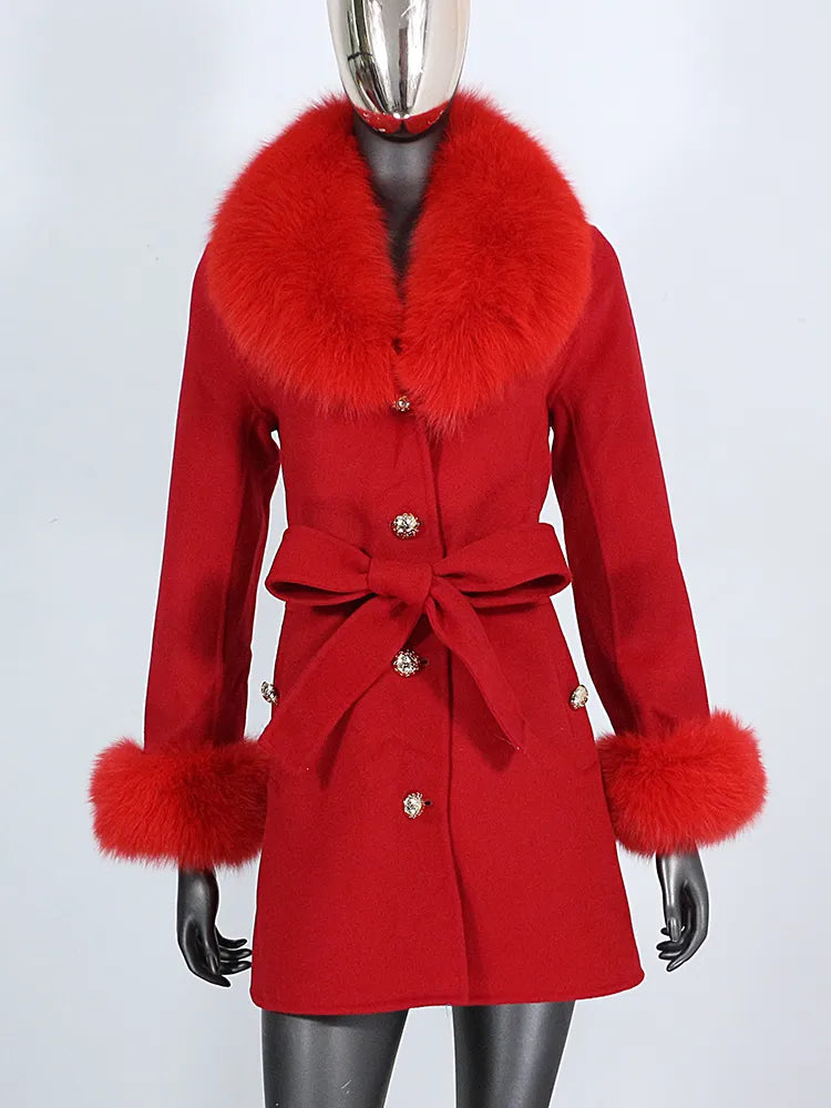 2022 New Real Fur Coat Winter Jacket Women Natural Fox Fur Collar Cuffs Belt Cashmere Wool Woolen Ladies Outerwear Streetwear