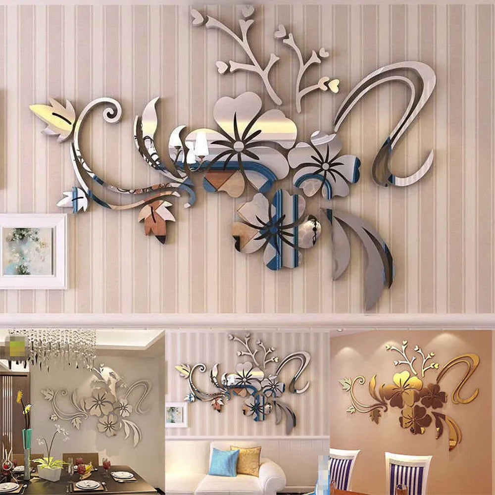 3D Mirror Floral Art Removable Wall Sticker Acrylic Mural Decal Stickers Wall Stickers Home Decor Living Room