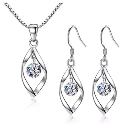 3pcs Necklace Earrings Set Ladies Cold-color Wind Twisted Glass Diamond With Venice Chain Imitation White Gold-color Jewelry