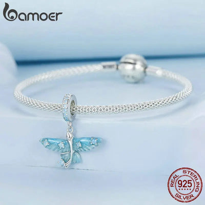 BAMOER 925 Sterling Silver Blue Enamel Flying Fish Pendant Charm Pave Setting CZ for Women Bracelet and Necklace DIY Accessories