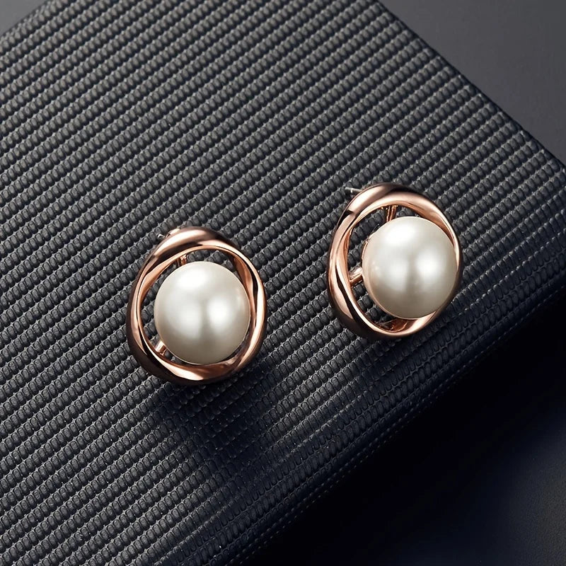 2-piece Set Hollow Round Jewelry Set for Women Pearl Pendant Necklace Stud Earrings Set Brides Valentine's Day Gift for Women