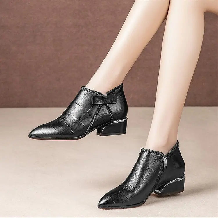 Pointed Toe Beige Square Heel Women Boots 2023 Fashion Butterfly-knot Ankle Boots Zipper PU Leather Rubber Zapatos Mujer