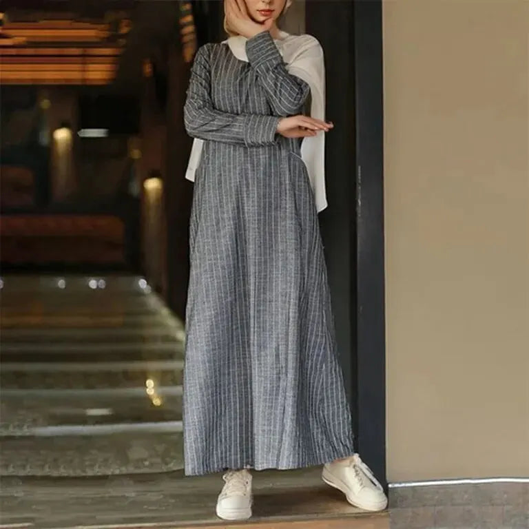 Women Fashion Retro Casual Clothing Long Sleeve Striped Cotton Dress Loose A- shaped Dress All Seasons