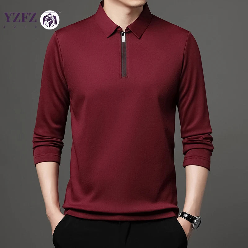 Solid Color Long Sleeve Polo Shirt Fashion Zipper Men's Polo Neck Top Cotton Polo Collar Long Sleeve T-shirt