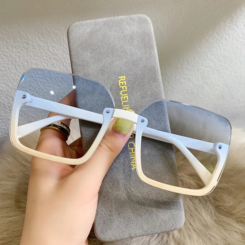 2023 Half Frame Square Sunglasses for Women Trendy Brand Design Gradient Green Sun Glasses Men Shades UV400 Korean Style Oculos