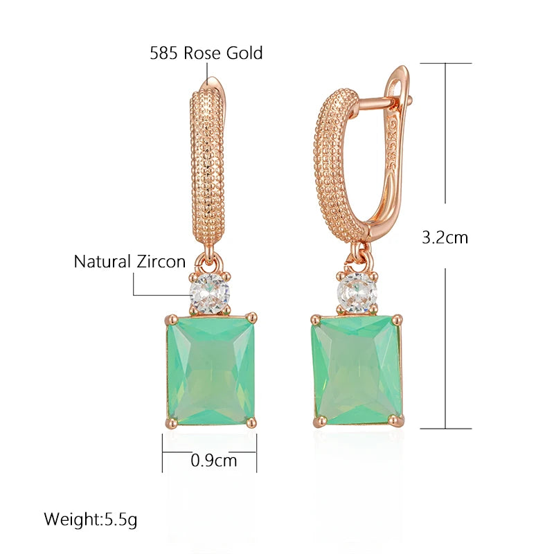 SYOUJYO Square Blue Green Natural Zirconia Dangle Earrings for Women 585 Rose Gold Color Boutique Jewelry Party Wearing