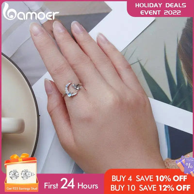 Bamoer Fashion Moonstone Series Open Ring for Women 925 Sterling Silver Animal Cat Unicorn Rabbit Fox Anillos Fine Jewelry Gifts