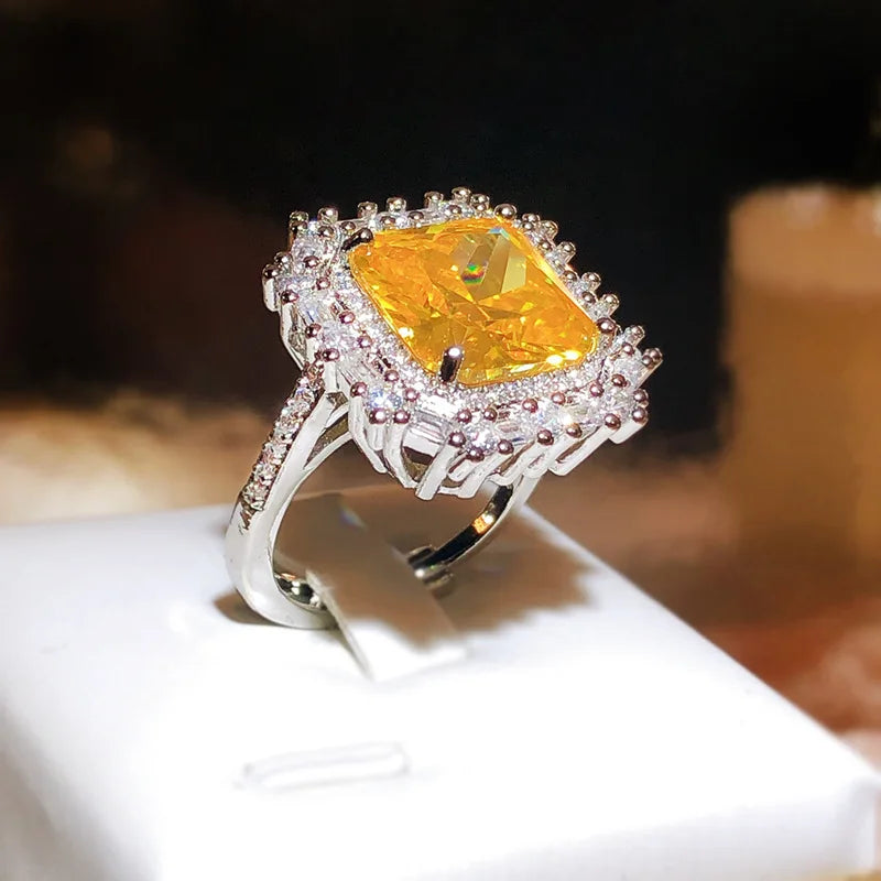 925 Silver Hot Sale Women's Ring Yellow Square Zircon Platinum-plated PROM Party Jewelry Party Birthday Gift