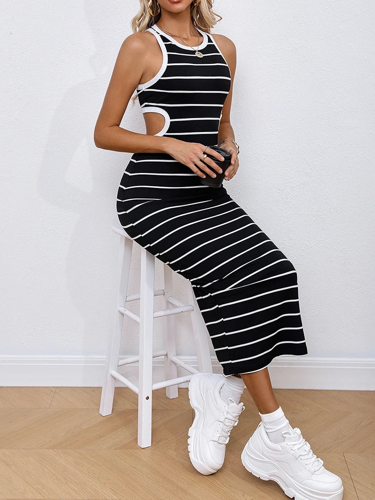 Women's Fashion Athleisure Style Knitted Black And White Striped Crew Neck Hollow-out Long Dress