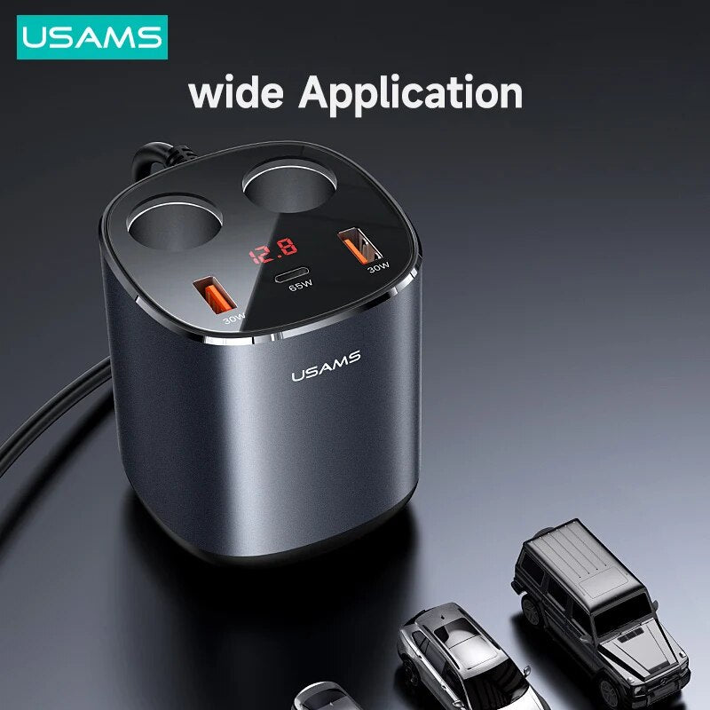 USAMS C28 Digital Display 245W Car Charger USB Type C 3 Ports And Dual Cigarette PD QC Fast Charging For iPhone Xiaomi Huawei