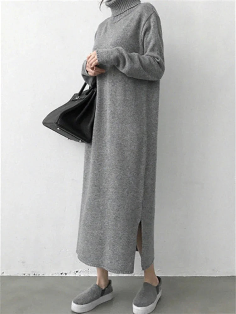 Wool Winter Womens Dress Fall Sweater Women Dress Long Sleeve Knitted Dresses Maxi Vintage Oversize Dresses Knitting Turtleneck