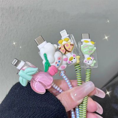 Cute Cartoon 3D Flower Dack Rabbit USB Cable Protector Bites Data Link Cable Box Covers iPhone Android Type C Charging Cover