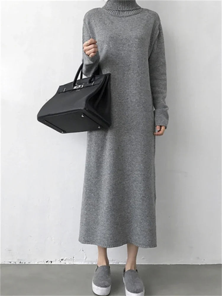 Wool Winter Womens Dress Fall Sweater Women Dress Long Sleeve Knitted Dresses Maxi Vintage Oversize Dresses Knitting Turtleneck