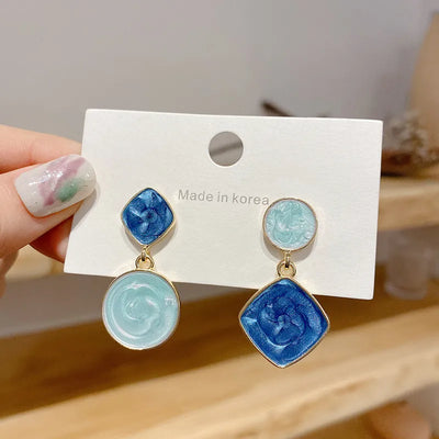 Korean Square Round Drop Earrings Unique New Blue Color Asymmetric Geometric Hang Earrings For Women Trendy Fashion Jewelry Girl