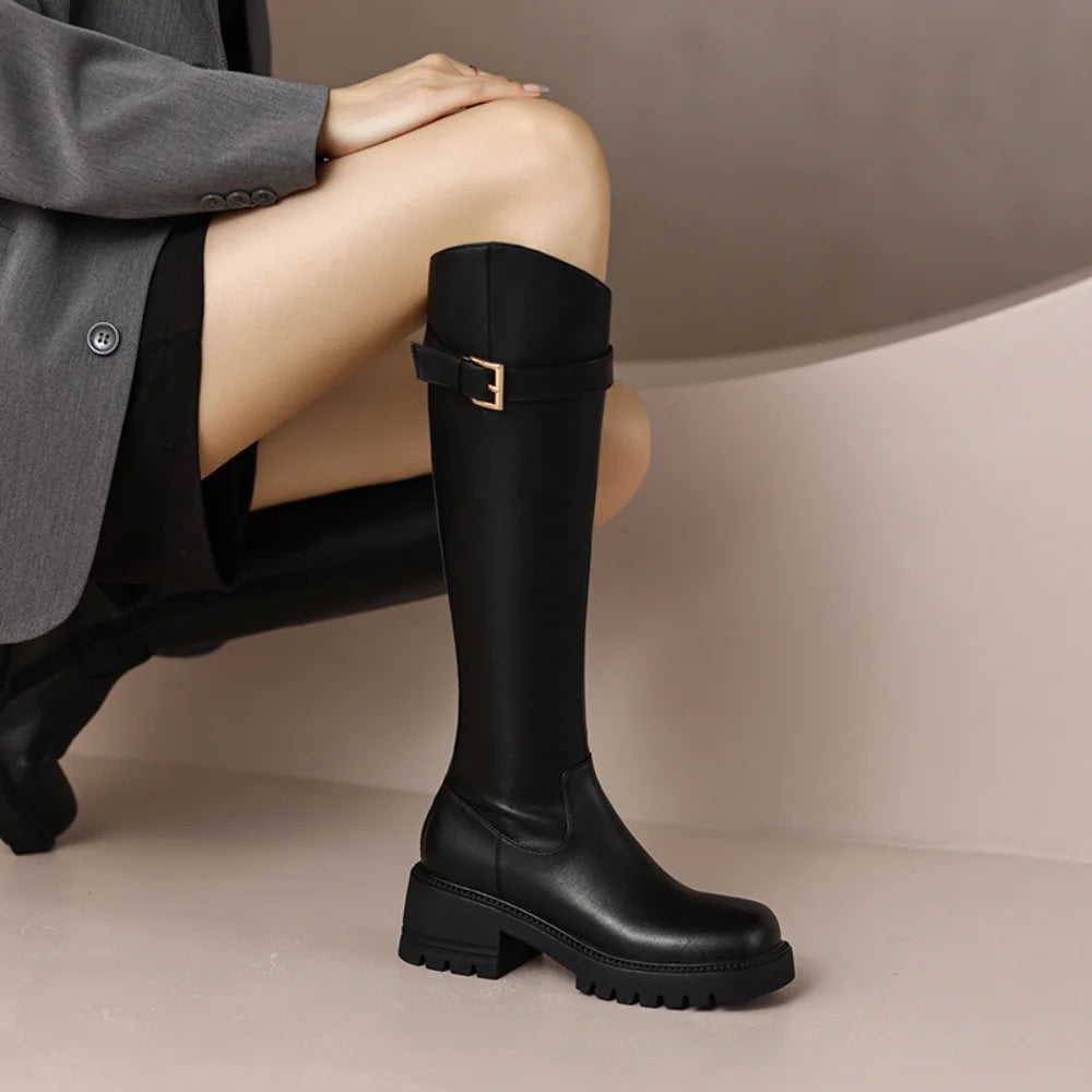 Autumn Winter New Leather Soft Sole Casual Warm Waterproof Single Boot Fashion Side Zipper Long Sleeve Knight Boot