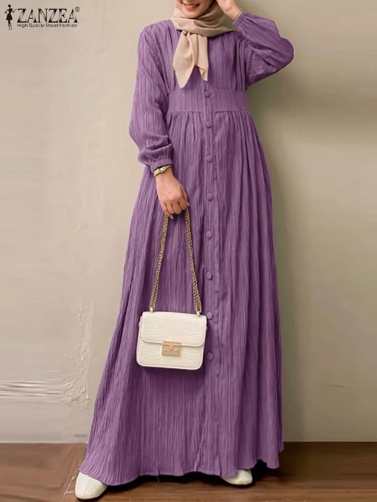 Women Vintage Long Sleeve Muslim Maxi Dress ZANZEA 2023 Autumn Elegant Casual Buttons Down Sundress Dubai Islamic Clothing Abaya