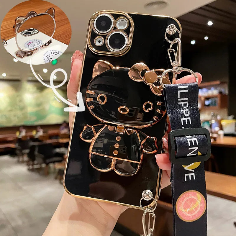 Hello Kitty Holder Bracelet Strap Lanyard Plating Phone Case For iPhone 15 14 13 12 11 Pro Max Mini XR XS X 8 7 6S Plus SE 2020