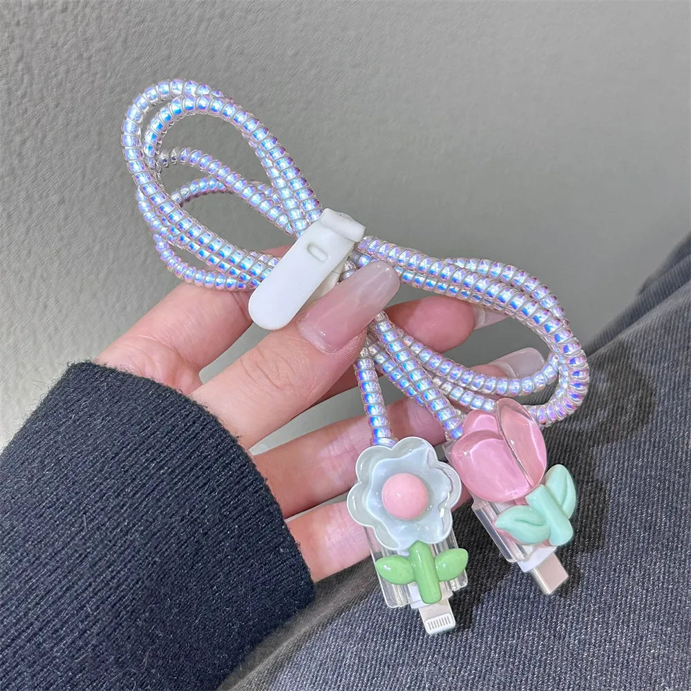 Cute Cartoon 3D Flower Dack Rabbit USB Cable Protector Bites Data Link Cable Box Covers iPhone Android Type C Charging Cover