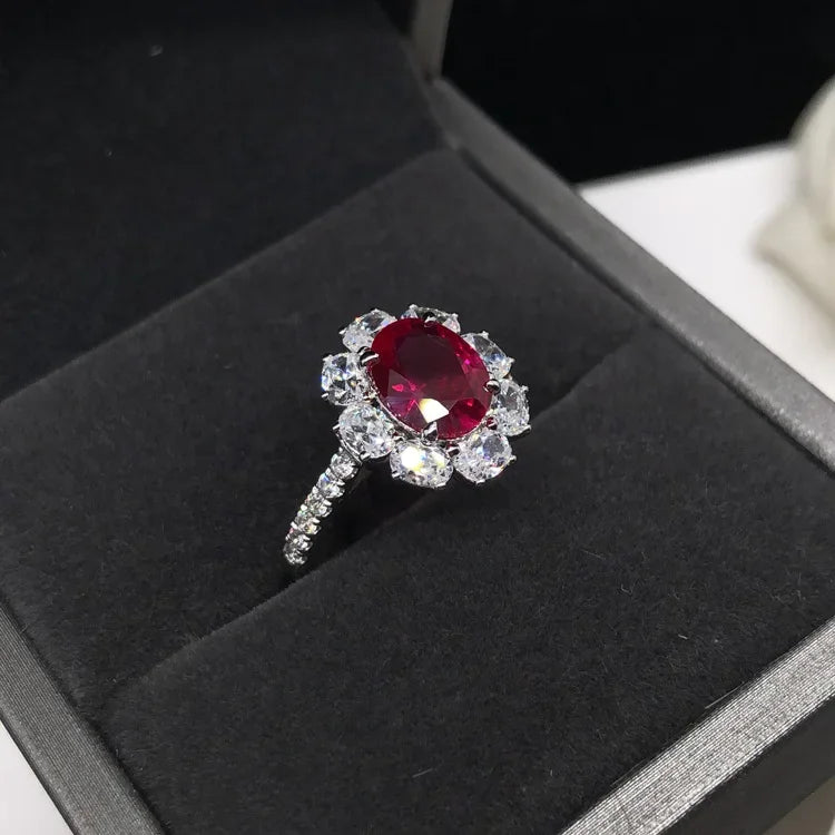 Solid Platinum PT950 Egg Shaped 2 Carat Pigeon Blood Ruby/Blue Diamond Ring 14K Gold Court Style Luxury