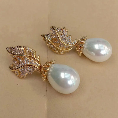 Y·YING White Sea Shell Pearl Teardrop Shape Cubic Zirconia Pave Stud Earrings Lady Jewelry