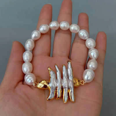 Y.YING Natural Cultured White Rice Pearl Baroque Pearl Gold Plated Elastic Bracelet