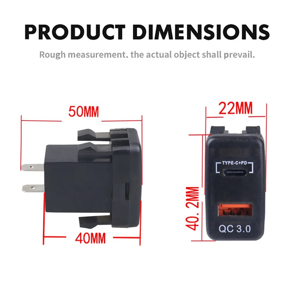 40x22mm Dual USB Car Charger Socket Type-C QC3.0 DC 12V-24V Voltmeter for Toyota RAV4 Tacoma LANDCRUISER HILUX Highlander Tundra