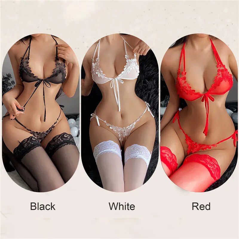 2023 New Lingerie Fancy Porn Bra Set Woman 2 Pieces Transparent Women's Lace Panties Erotic Beautiful Bra And Thong Set