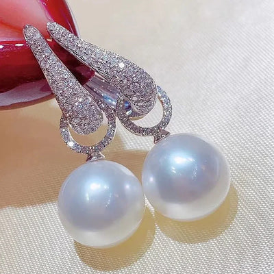 Huitan 2022 Trend Imitation Pearl Dangle Earring for Women Luxury Silver Color Bling Cubic Zirconia Fashion Elegant Lady Jewelry