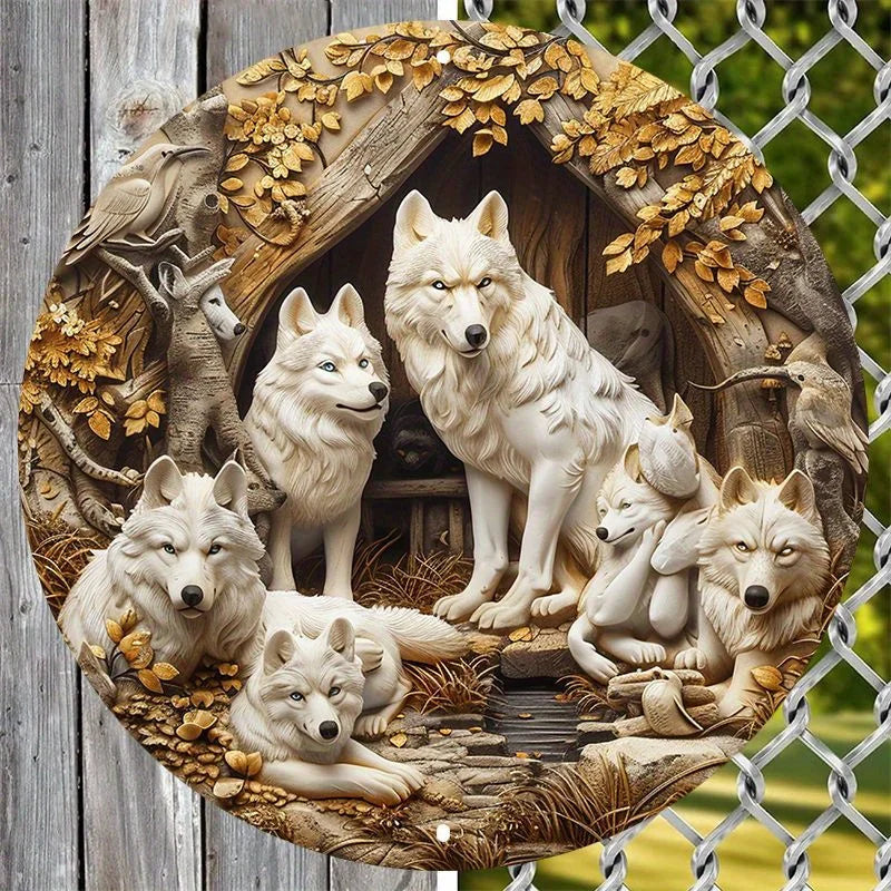 Wolf Family Aluminum Artwork Sign, Round Metal Wall Decor with 3D Wolf Pack Design, Waterproof Outdoor/Indoor Decoration