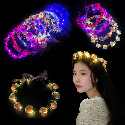 Luminous Rose Wreath LED Light Garland Wedding Party Flower Headband Decorations Women Girl Birthday Christmas Glow Hairband