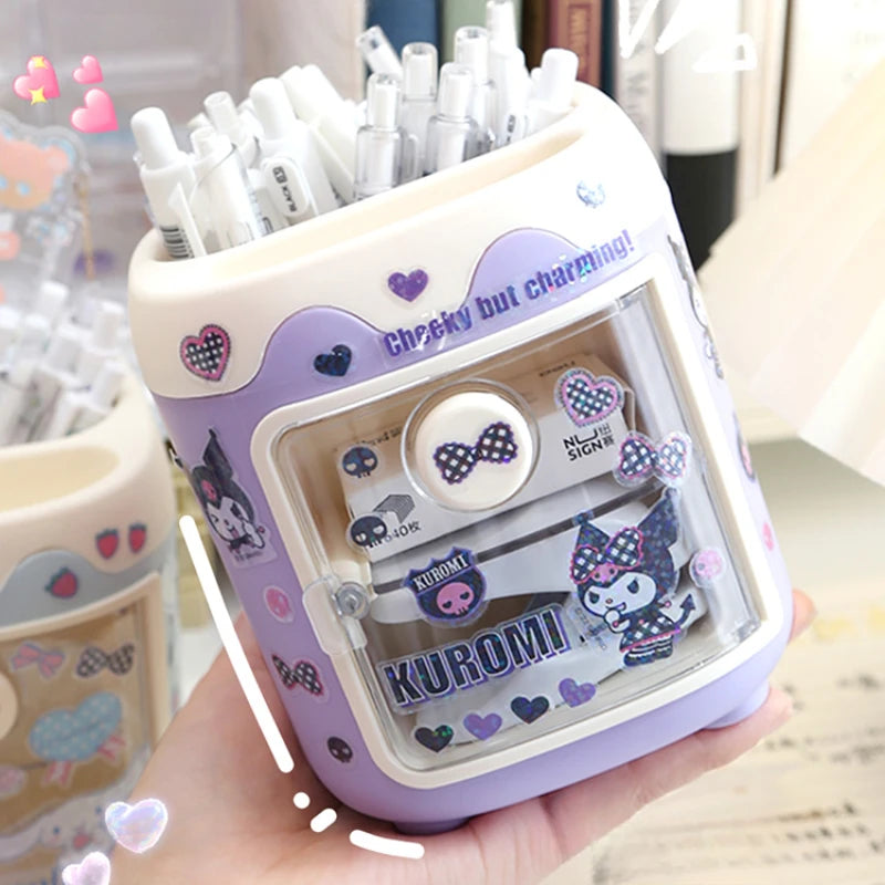 Kawaii Sanrio Kuromi Diy Pen Holder Desk Organizer Cartoon Desktop My Melody Cinnamoroll Sticker Storage Box Makeup Brush Holder