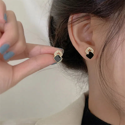 Korean Style Black Zircon Stud Earring For Women Shiny Rhinestone Square Geometric Earrings Girl Party Statement Jewelry Gifts