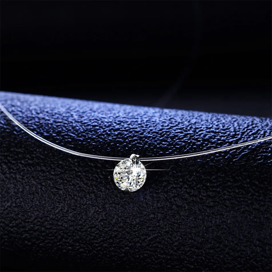 Tbestone 1ct Moissanite Diamond S925 Sterling Silver Invisible Transparent Fishing Line Clavicle Chain Necklace Women's Jewelry